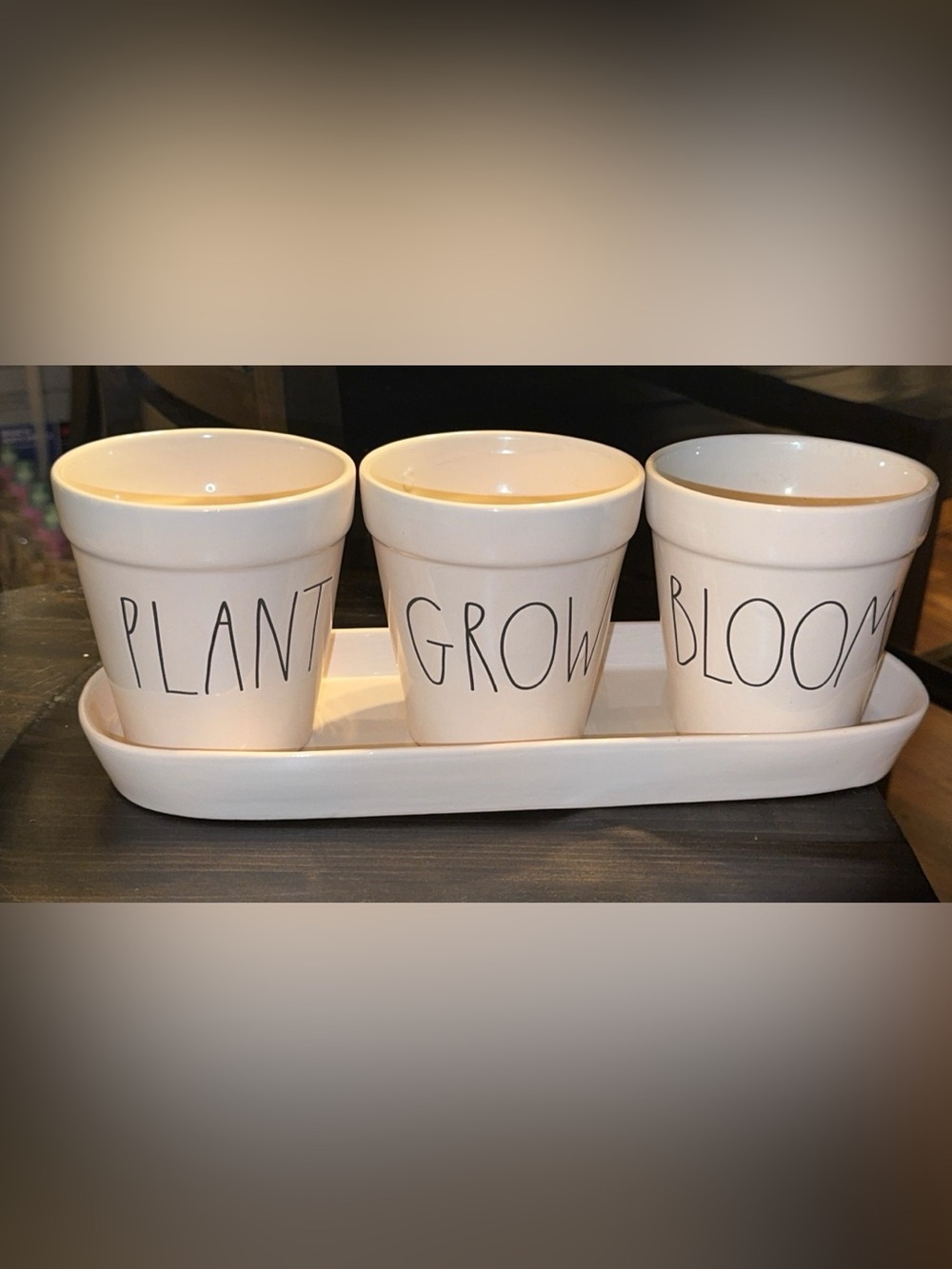 NWOT Rae Dunn 4PC White Ceramic Planter Trio - Plant Grow Bloom w/tray